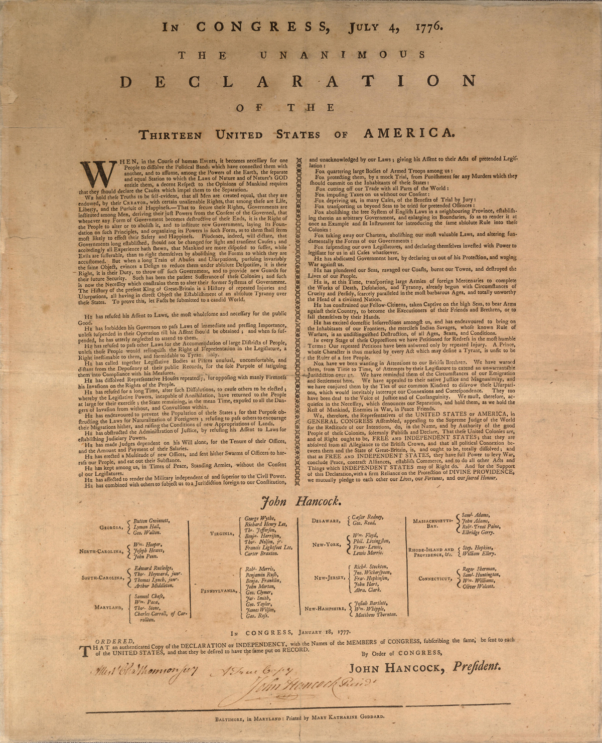 The Declaration Of Independence—william J Stone Engraving